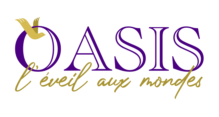 Logo Oasis – L’éveil aux mondes, typographie violette et dorée sur fond transparent