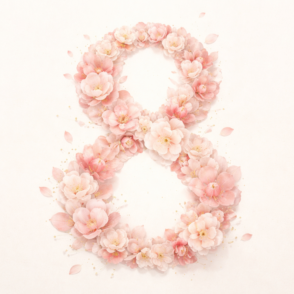 Chiffre 8 composé de pétales de fleurs roses symbolisant un cercle intime de huit femmes