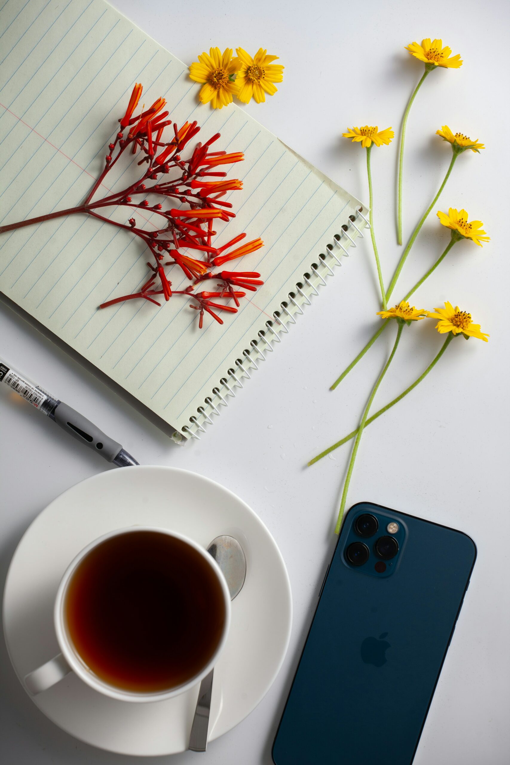 Carnet de notes ouvert avec des fleurs posées dessus, tasse de thé et smartphone sur une table blanche vue du dessus.