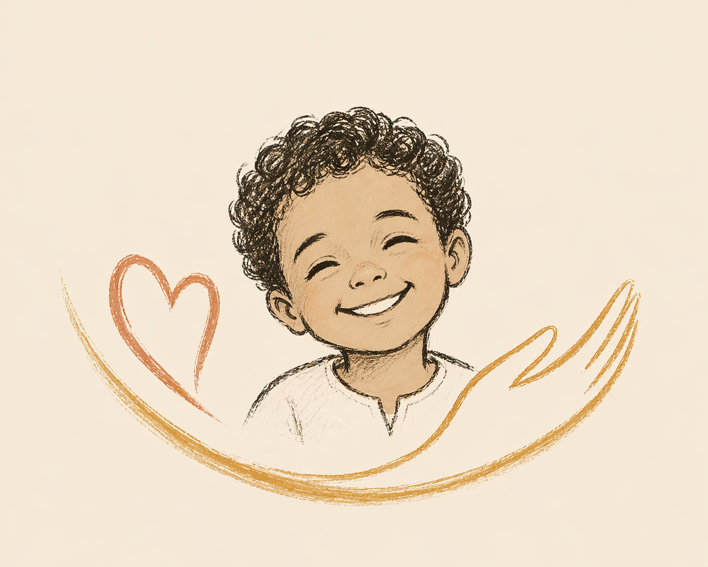 Dessin d’un enfant souriant entouré de mains bienveillantes symbolisant la solidarité et l’aide aux enfants orphelins en Égypte